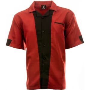 A red and black button-up bowling shirt featuring a collar and short sleeves, with a chest pocket and branding.
