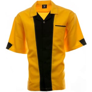 A yellow and black button-up shirt with a contrasting design and a pocket. It features a logo on the collar.