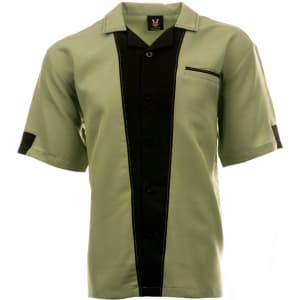 A short-sleeved bowling shirt featuring a light green body with black accents and a front pocket. It has a logo.