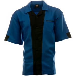 A blue and black button-up bowling shirt featuring short sleeves and a front pocket, with a logo on the collar.