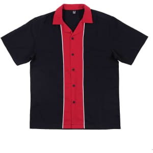 A short-sleeved button-up shirt in black and red, featuring a contrasting front panel and a logo on the collar.
