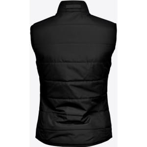 A black women's vest with a puffy texture and a high collar, featuring a simplistic design and no sleeves.