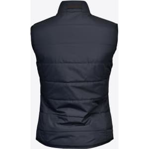 A navy women's vest with a padded design and a collar, featuring a logo on the back.