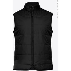 A black insulated vest featuring a zip closure and side pockets, made from recycled polyester.