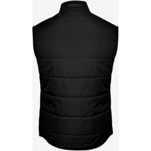A black padded men's vest featuring a sleeveless design and a back view. It includes a branding logo.