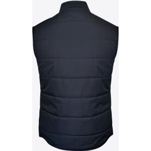 A navy Hudson Men Vest featuring a quilted design and a high collar, with a branding logo.