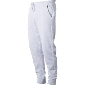 A pair of grey midweight sweatpants featuring pockets and an elastic waist with drawstring.