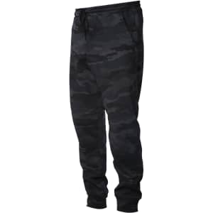 A pair of men's midweight sweatpants in a black camouflage pattern, featuring an elastic waistband and cuffs.