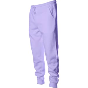Midweight sweatpants in lavender with pockets and a waist drawstring. The pants feature a logo.