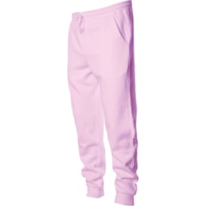 A pair of midweight sweatpants in a soft pink colour, featuring pockets and an elastic waistband.