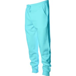 A pair of midweight sweatpants in a bright aqua colour, featuring a drawstring and side pockets.