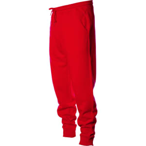 Red midweight sweatpants featuring an elastic waistband and pockets, with a logo present on the garment.