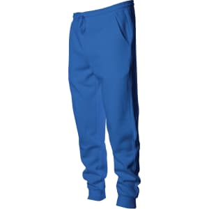 A pair of midweight sweatpants in bright blue, featuring an elastic waistband and side pockets.