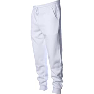 A pair of white midweight sweatpants featuring an elastic waistband and side pockets, with a logo present.