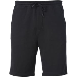 Black midweight sweatshorts featuring an elastic waistband with a drawstring and side pockets. Includes a logo.