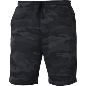 A pair of men's midweight sweatshorts in a black camouflage pattern, featuring an elastic waistband with a drawstring.