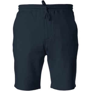A pair of navy midweight sweatshorts with an elastic waistband and drawstring. Features a logo on the waistband.