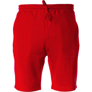 A pair of red midweight sweatshorts with an elastic waistband and pockets. Features a logo on the fabric.