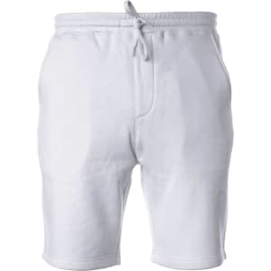 White midweight sweatshorts with an elastic waistband and drawstring, featuring side pockets.