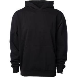 Avenue Pullover Hood in solid black, featuring a front pocket and a hood. It includes a branding logo.