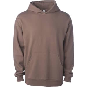 Avenue Pullover Hood in a brown colour, featuring a front pocket and a spacious hood. It has a logo on the label.