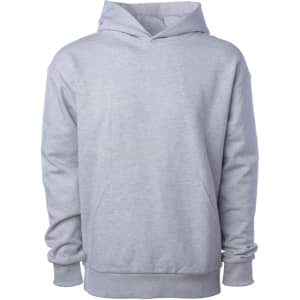 Avenue Pullover Hood in light grey with a front pocket and attached hood, featuring a logo.