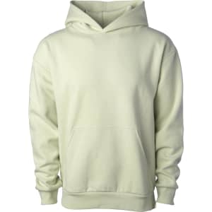 Avenue Pullover Hood in a light cream colour featuring a front pocket and a hood. It has a logo.