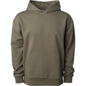 An olive green pullover hoodie with a front pocket and a hood, featuring a logo.