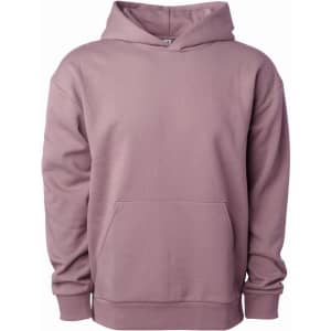 Avenue Pullover Hood in a muted mauve colour, featuring a hood and front pocket, with a logo on the side.