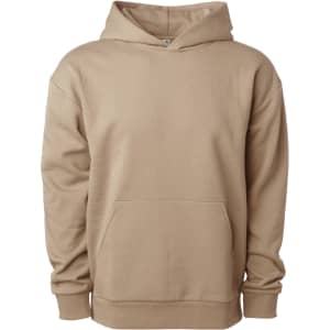 Avenue Pullover Hood in beige with a front pocket and a hood. It features a logo.