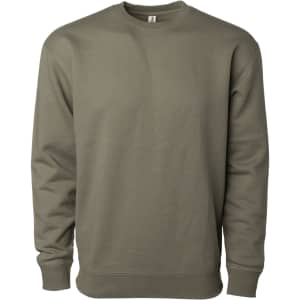 A heavyweight crew sweatshirt in olive green, featuring a classic design and long sleeves. It has a logo on the label.