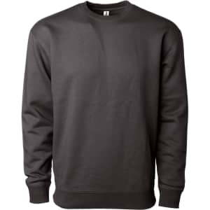 A heavyweight crew sweatshirt in dark grey, featuring a simple design and a logo on the front.