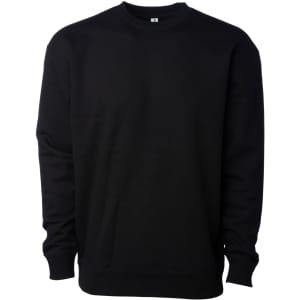 A black heavyweight crew sweater featuring long sleeves and a crew neck. It has a logo on the front.