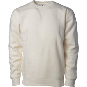 A heavyweight crew sweatshirt in a cream colour, featuring long sleeves and a simple design. It has a logo.