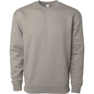 A grey heavyweight crew jumper featuring a crew neckline and long sleeves, with a simple design and branding.