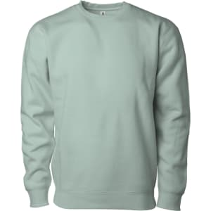 A mint green heavyweight crew sweatshirt with long sleeves and a ribbed neckline. It has a logo on the chest.
