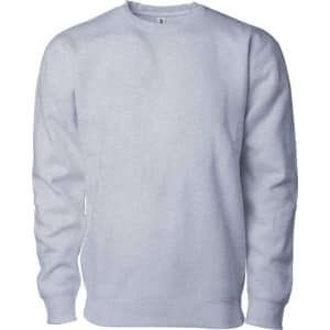 A light grey heavyweight crew sweatshirt with long sleeves and a rounded neckline. It features a logo.