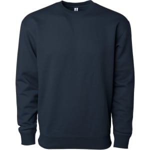 A navy blue heavyweight crew sweatshirt with long sleeves and a crew neckline, featuring a branding logo.
