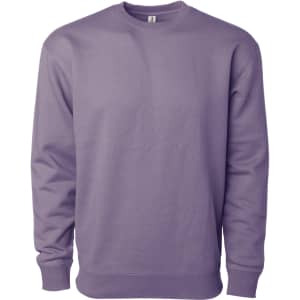 A heavyweight crew sweatshirt in a light purple colour, featuring a simple design and a branding logo.