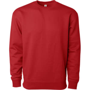 A red heavyweight crew sweatshirt with long sleeves and a round neckline. Includes a branding logo.