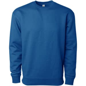 A blue heavyweight crew sweatshirt featuring a ribbed neckline and cuffs, with a logo on the front.