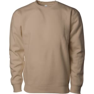 A beige heavyweight crew sweatshirt with a classic round neck and long sleeves, featuring a branding logo.
