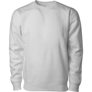 A white heavyweight crew sweatshirt with long sleeves and a round neckline, featuring a logo on the front.