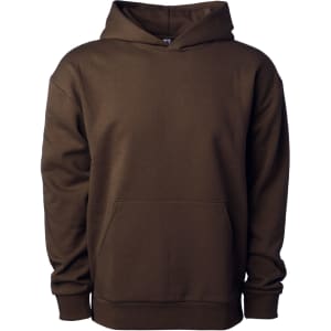 A brown pullover hooded sweatshirt with a front pocket and a drawstring hood. It features a logo on the label.