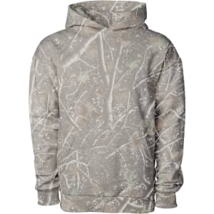 A pullover hood in a camouflage pattern featuring shades of grey, brown, and green. It has a logo on the front.