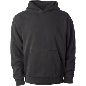 A black pullover hooded sweatshirt featuring a front pocket and long sleeves. It has a simple design and logo.