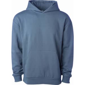 A blue pullover hooded sweatshirt with a front kangaroo pocket and a spacious hood. It has a logo on the front.