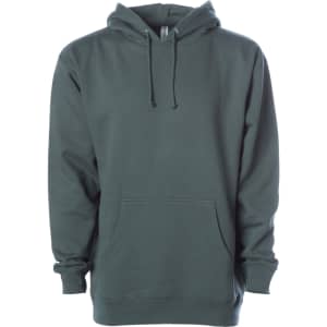 A heavyweight pullover hood in a dark green colour, featuring a kangaroo pocket and a hood. It has a logo.