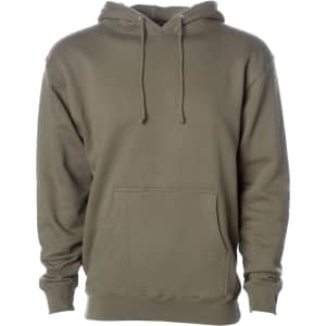 A heavyweight pullover hood in olive green with a front pocket and drawstring hood. It features a logo.