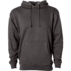 A heavyweight pullover hood in grey, featuring a drawstring hood and a front pocket. It has a logo on the sleeve.